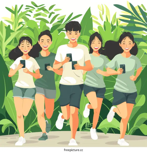 Group of friends running in a park while looking at their phones