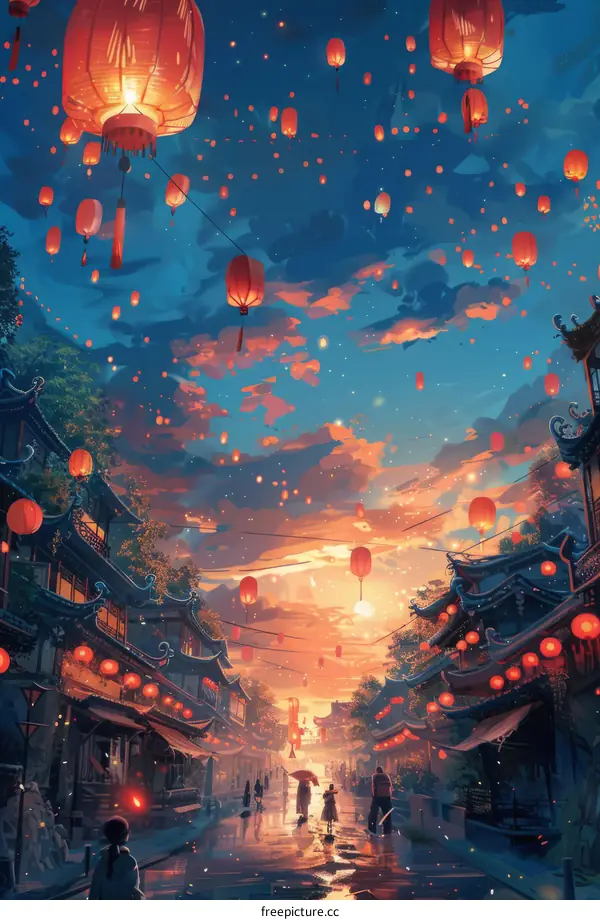 People walking in a street with red lanterns in the sky