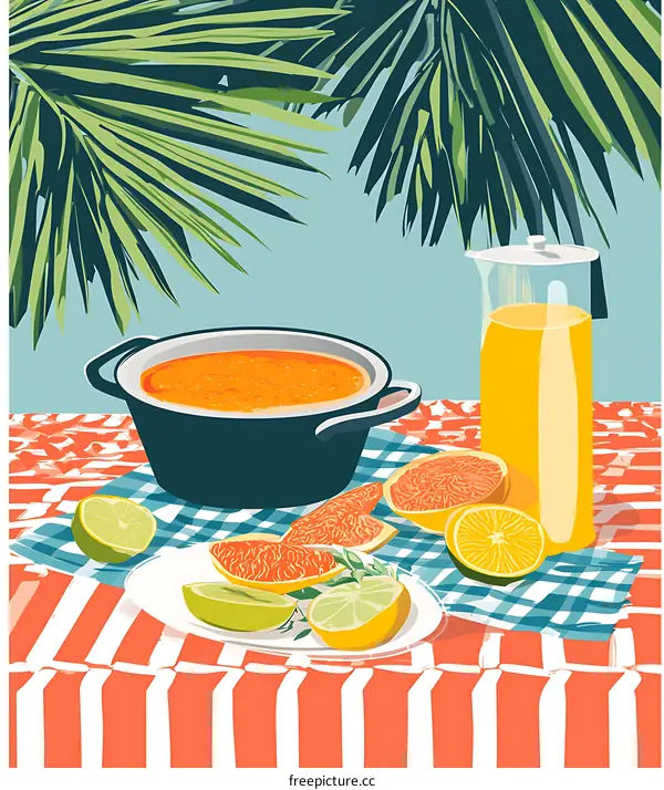 Summer Picnic With Orange Juice, Citrus Fruits and Soup