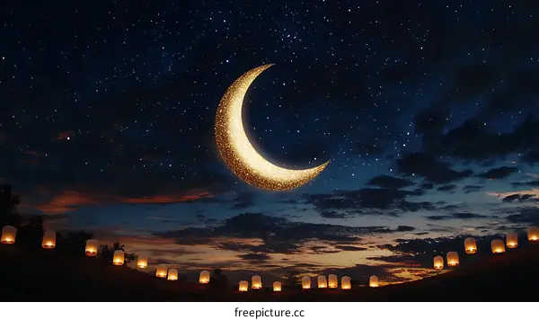 Crescent Moon in Starry Night Sky with Lanterns
