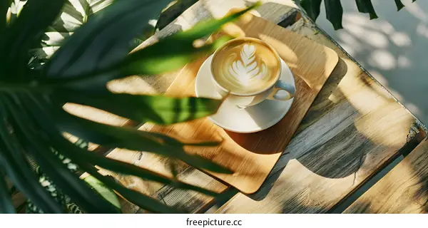 Coffee Cup on Wooden Table with Green Plant