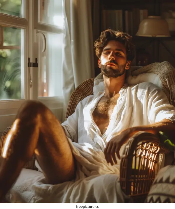 Man Relaxing in Sunlight by Window