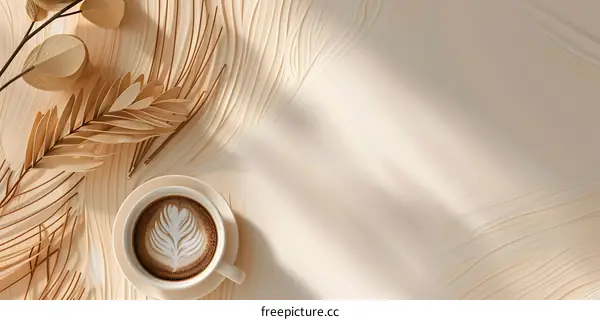 Creamy Latte Art with Minimalist Palm Leaf Decor on Beige Wooden Background