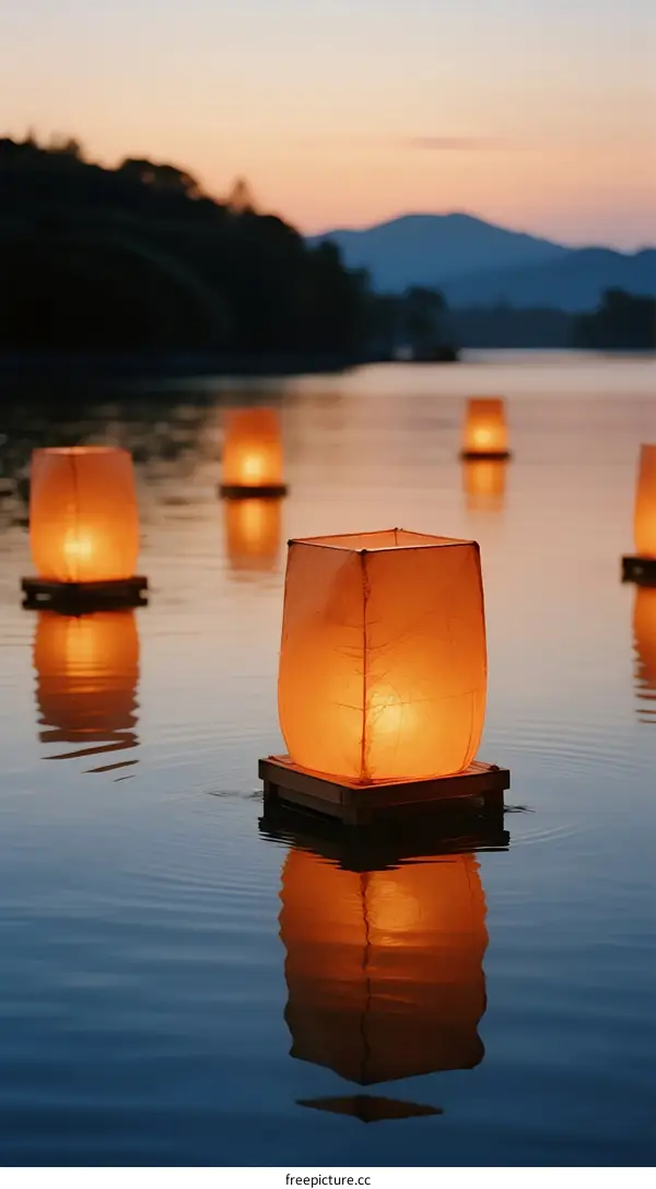 Floating Paper Lanterns Glowing on Calm Water During Sunset