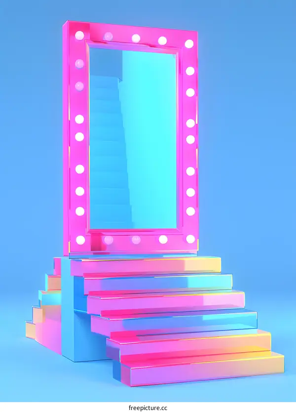 Neon Pink Mirror with Stairs on Blue Background