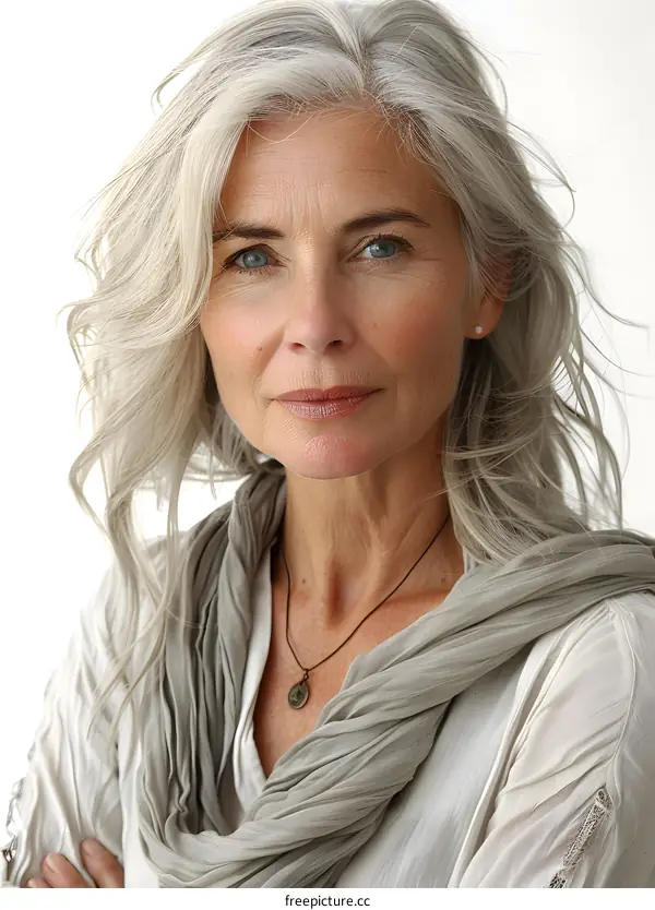 Beautiful Woman with Gray Hair and Blue Eyes