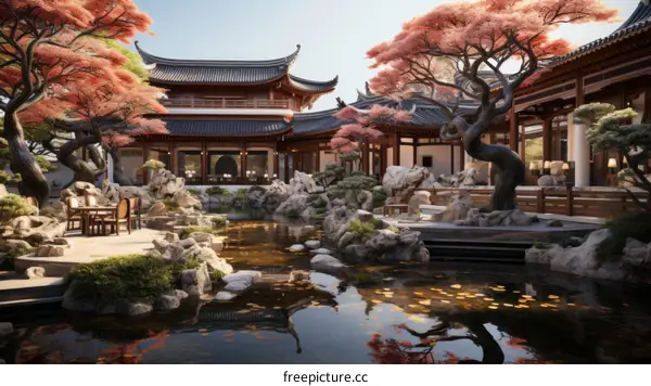 Courtyard with a pond and a rock garden
