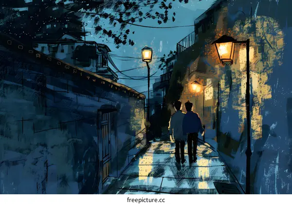 Two People Walking Down a Street at Night