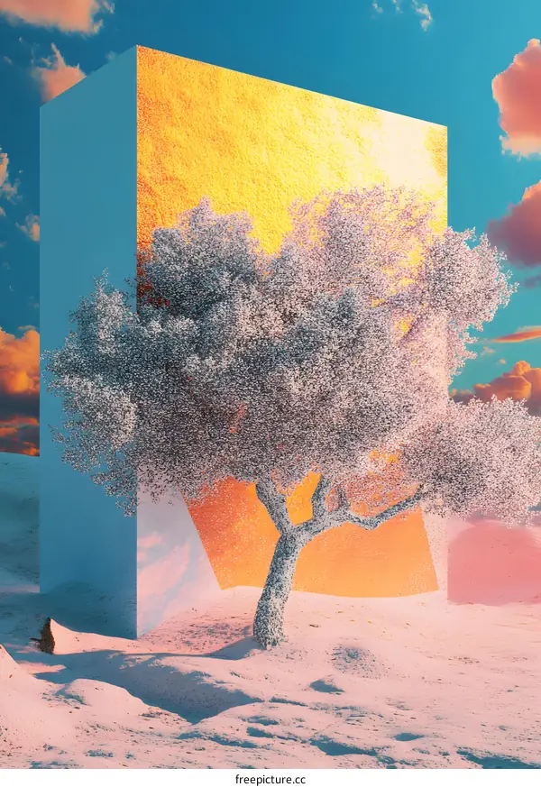 Golden Block Abstract Art with Tree