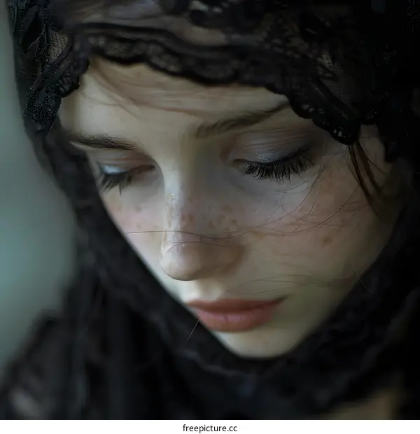 Portrait of a woman with freckles and a black lace headscarf