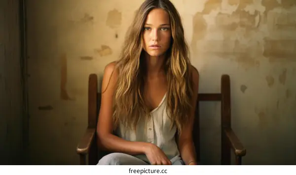 Portrait of a young woman with long blond hair sitting in a chair