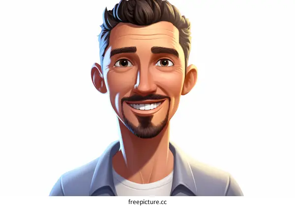 Illustration of a man with short brown hair, brown eyes, and a beard