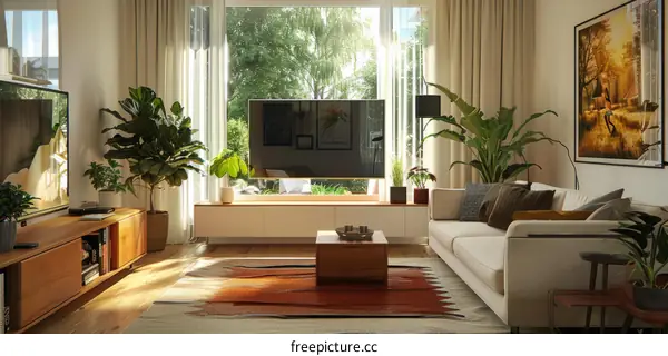 Bright living room with large windows and plants