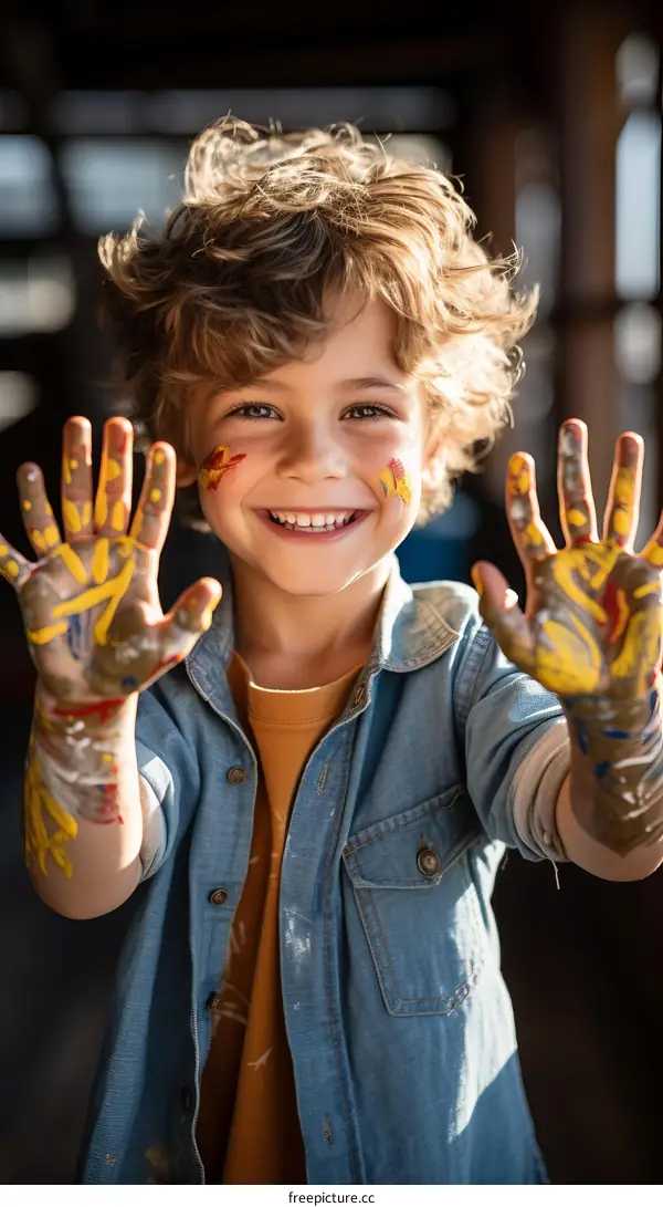 Portrait of a young boy with paint on his hands