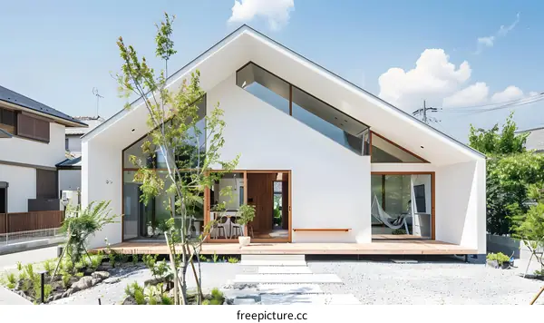 Modern White House with Triangular Roof and Wooden Deck