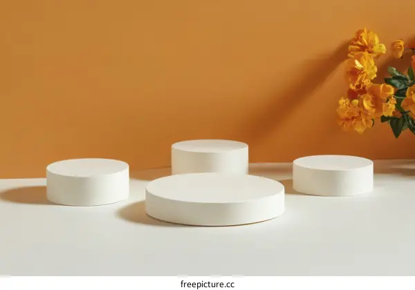 White Display Podiums with Orange Background