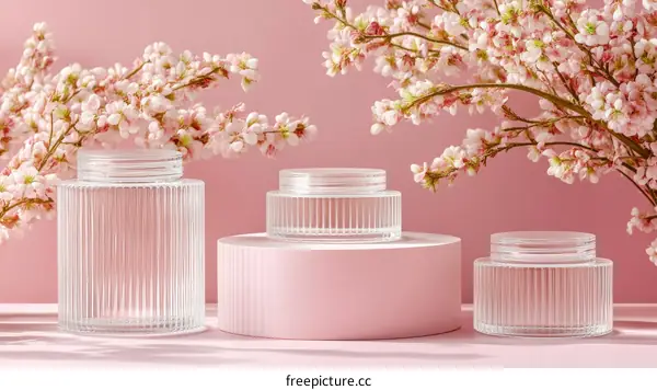 Clear Glass Cosmetic Jars with Pink Cherry Blossoms