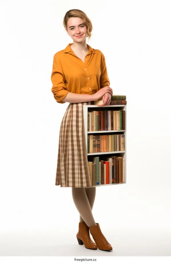 Young woman with a skirt made of bookshelves