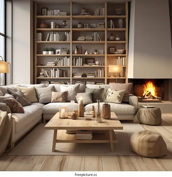A Cozy Living Room with Fireplace and Bookshelf