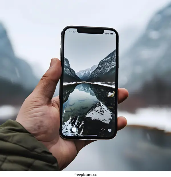 Hand Holding Phone Showing Mountain Lake Reflection