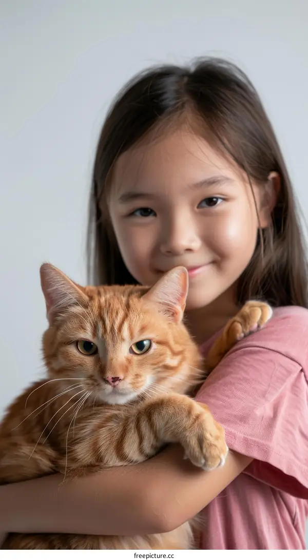 little girl hugging an orange cat