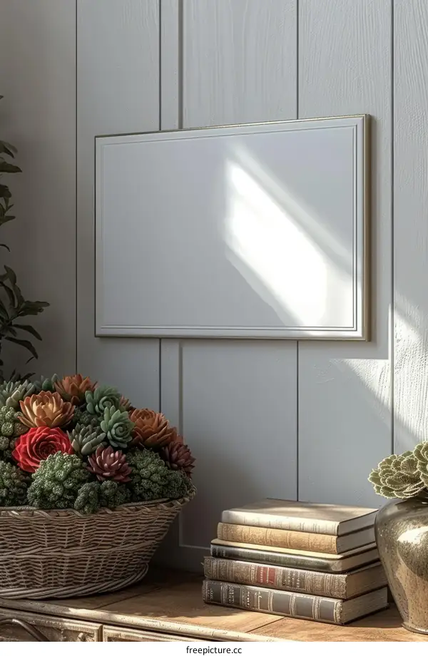 Elegant home interior with a blank frame, books and plants