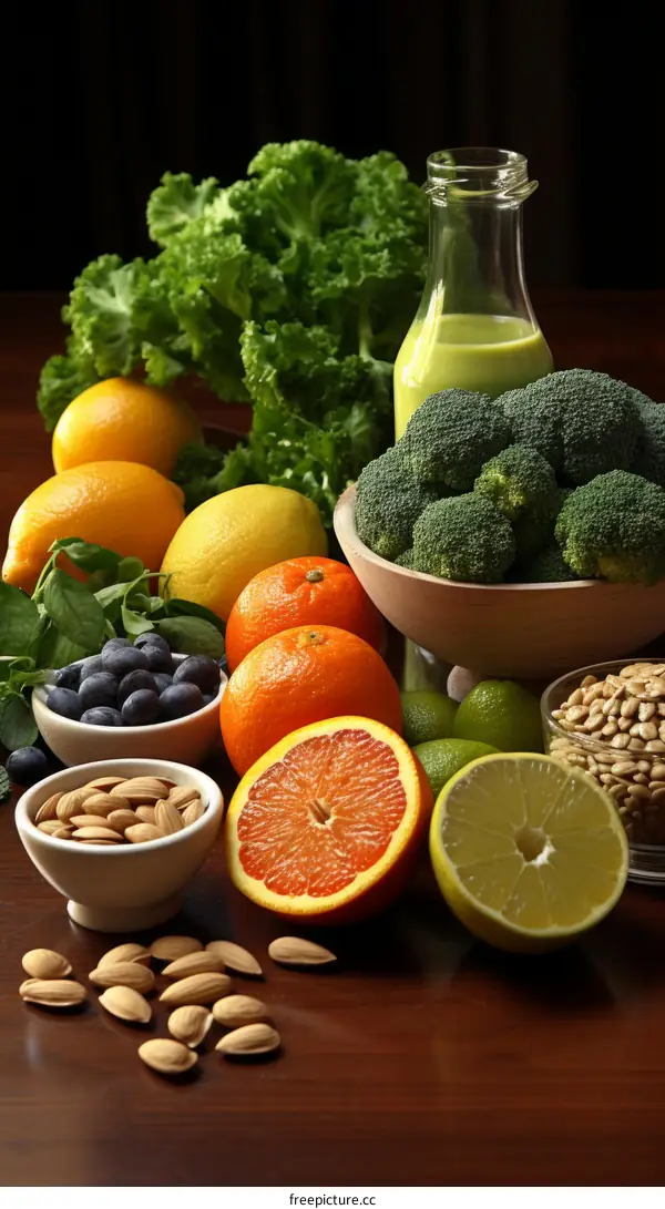 A variety of fruits and vegetables are arranged on a wooden table.