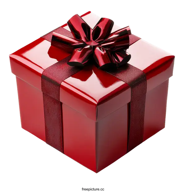 [Transparent Background PNG]Red Gift Box with Burgundy Ribbon and Bow