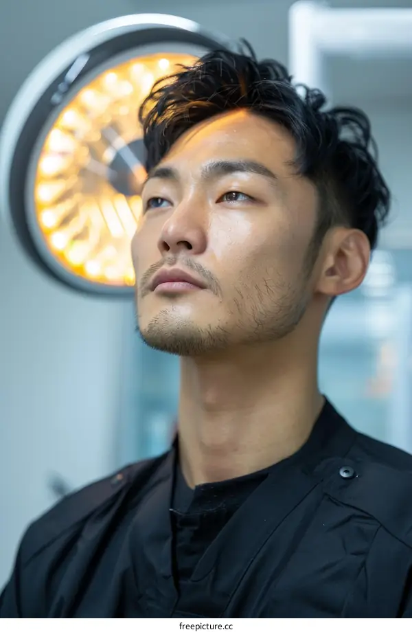 Asian man with beard looking up at bright light