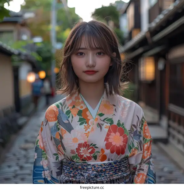 Young Japanese Woman in Kimono Standing on a Street in Kyoto