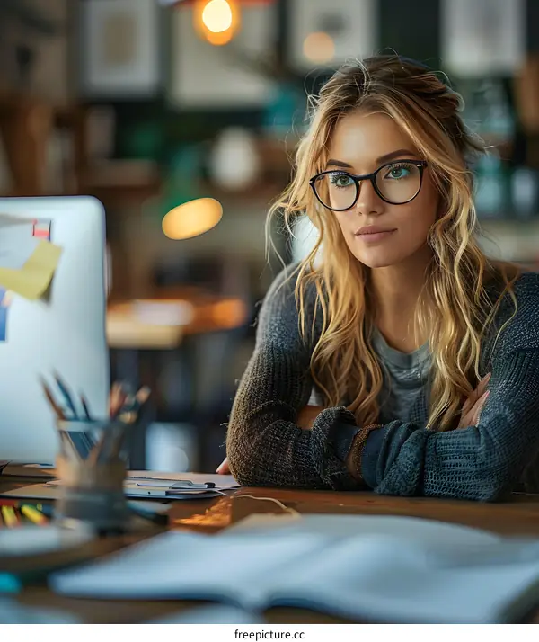Young Blonde Woman in Glasses Working at a Desk in a Home Office