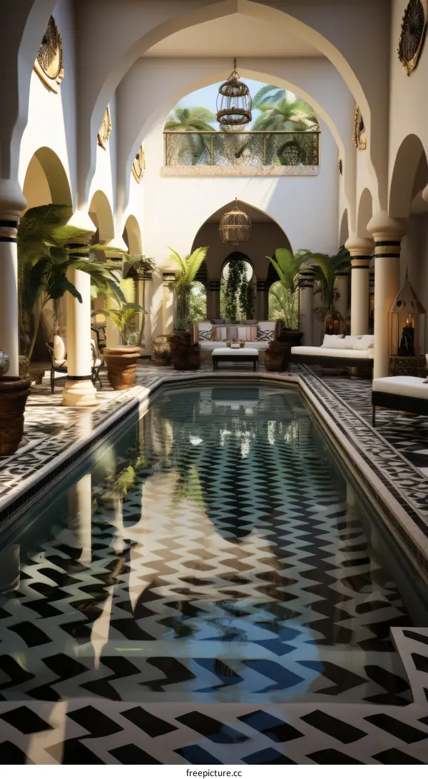 Black and White Moroccan Patio with Swimming Pool