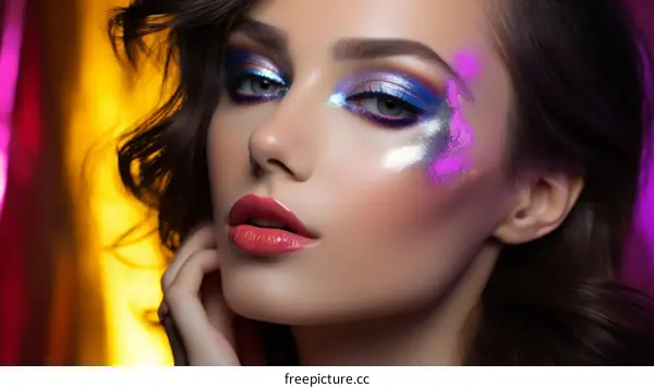 A close-up of a woman's face with bright and colorful makeup.