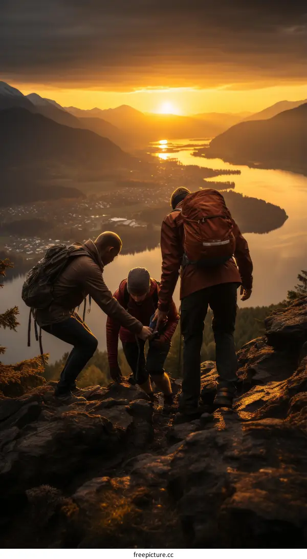 Hikers Helping Each Other Up Rocky Mountain Peak at Sunset