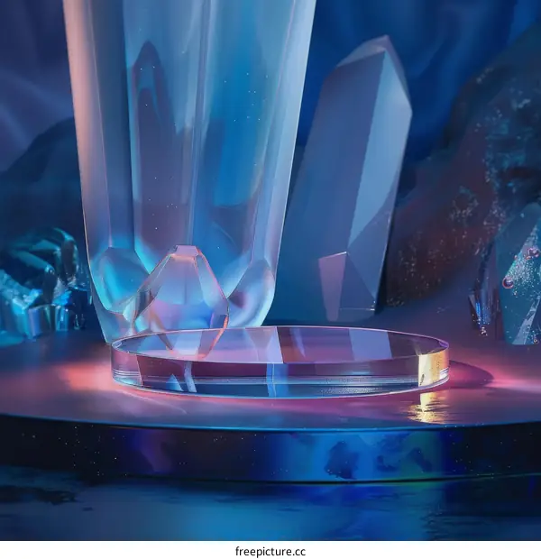 3D rendering of a crystal podium with a blue background
