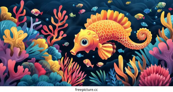 A yellow seahorse swimming gracefully through a vibrant coral reef