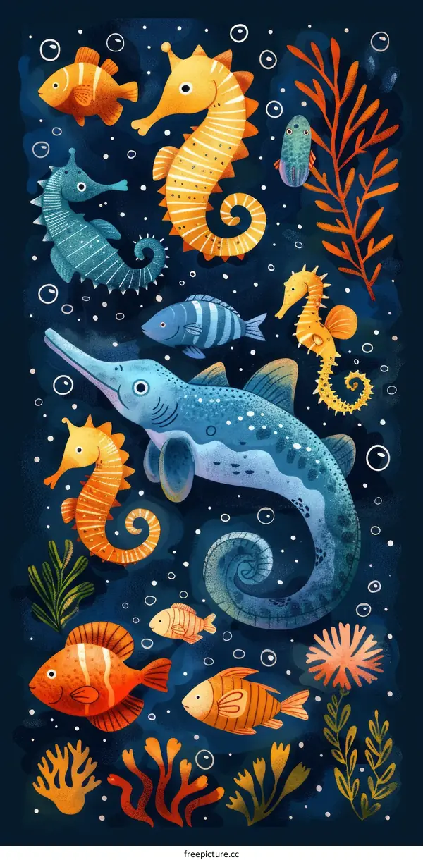 Illustration of different types of fish and seahorses