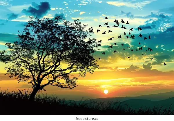 Silhouette of a Tree with Birds Flying at Sunset