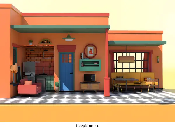 Colorful Cartoon House Exterior With Patio