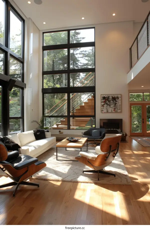 Bright living room with high ceiling and large windows