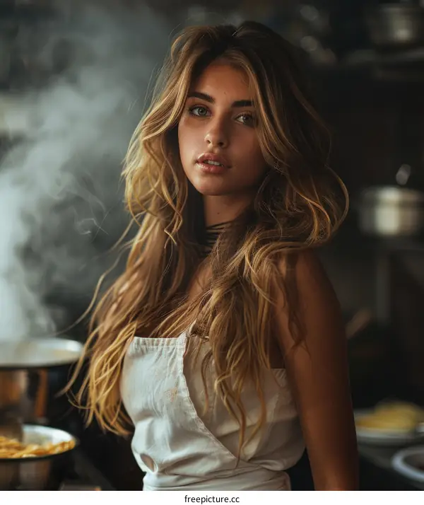 Sensuous Young Woman in Kitchen Cooking Pasta