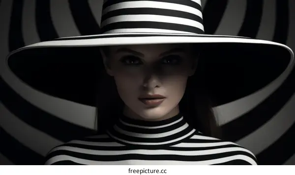 Black and white portrait of a woman wearing a large striped hat