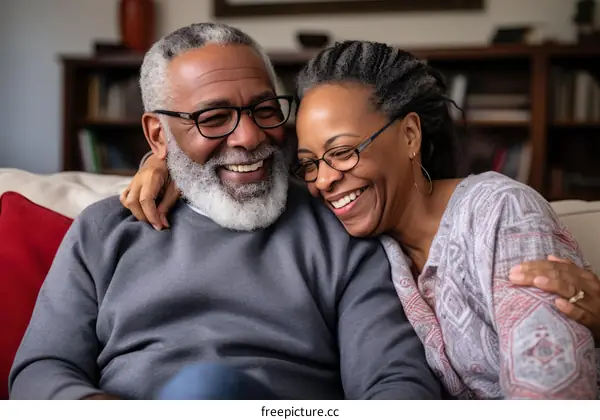 A happy elderly couple is sitting on the couch and smiling.