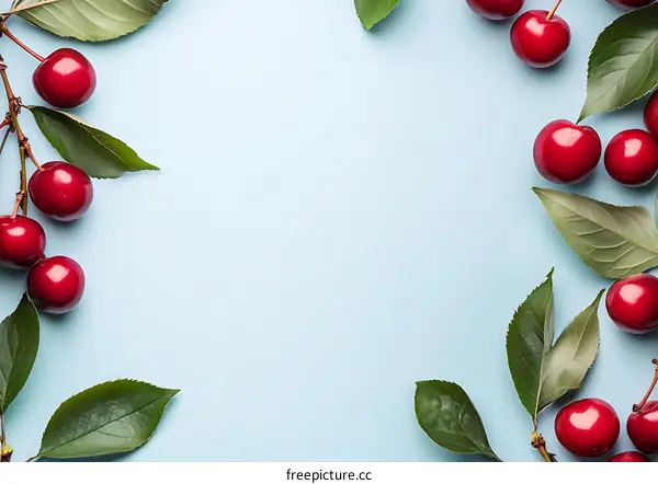 Fresh Red Cherries With Green Leaves On Blue Background