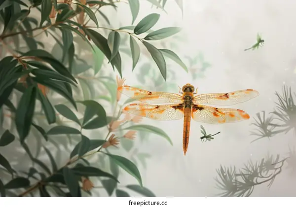 Dragonfly Hovering Near Green Leaves and White Flowers