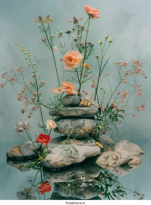 Still life with stones, water, and flowers