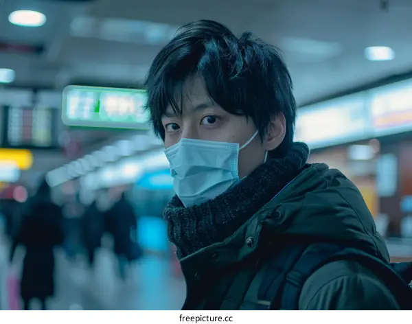 Portrait of a young Asian man wearing a surgical mask in a public place