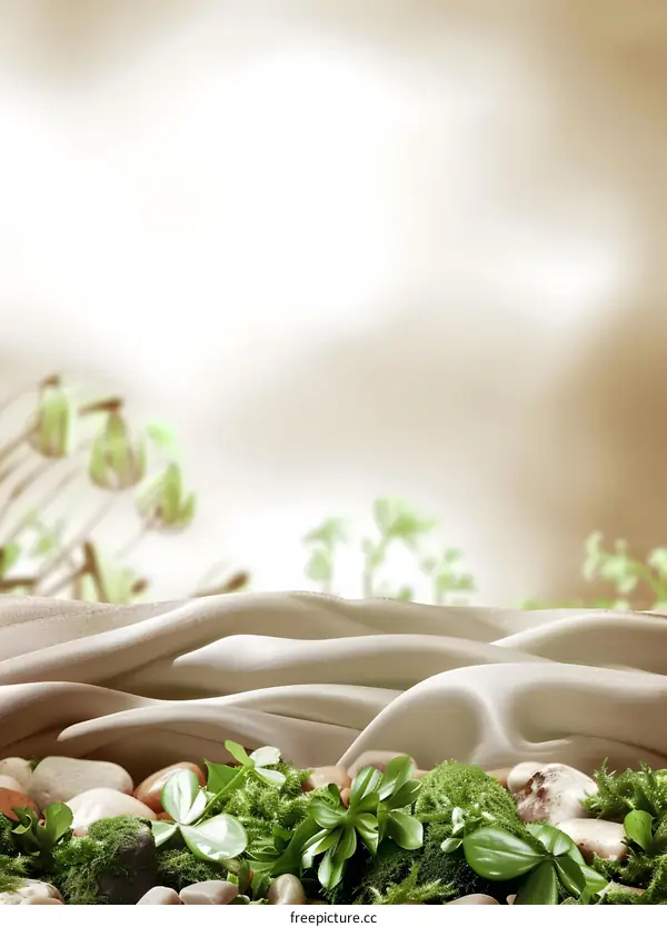 Nature Background with Green Leaves and Silk Fabric