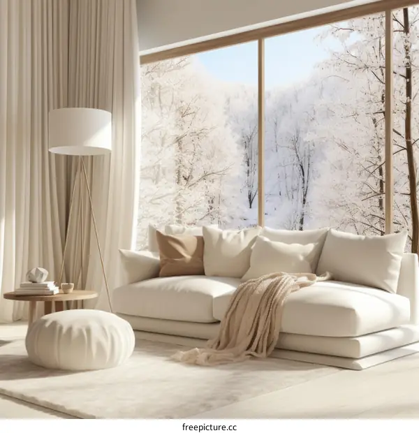 Bright airy living room with large windows and white sofa