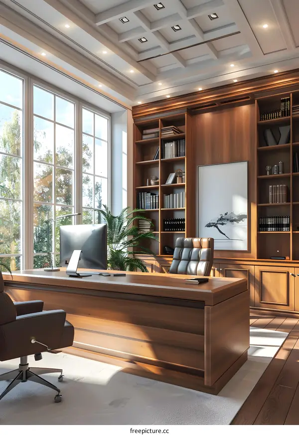Luxury home office with large windows and wooden bookshelf